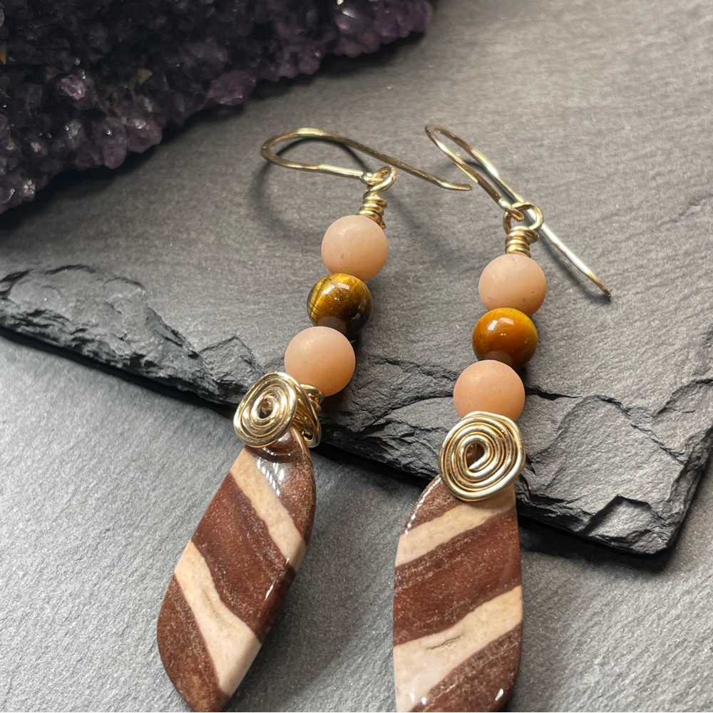 14k Gold Filled Wire Wrap
Zebra Jasper And Tiger’s Eye 
Gemstone Dangle Earrings - Picture 3 of 9